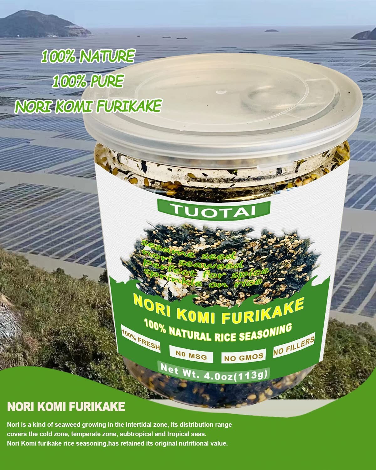 🌿 100% Natural Sesame Nori Flakes – 4.0 oz (113g) Vegan Rice Seasoning