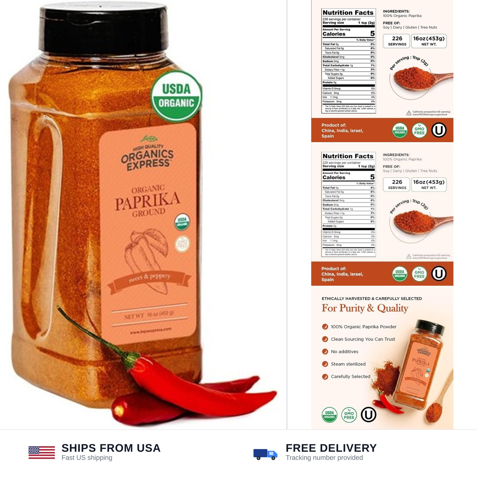 HQOExpress Organic Paprika – Non GMO, Kosher, USDA Certified Organic Ground P…