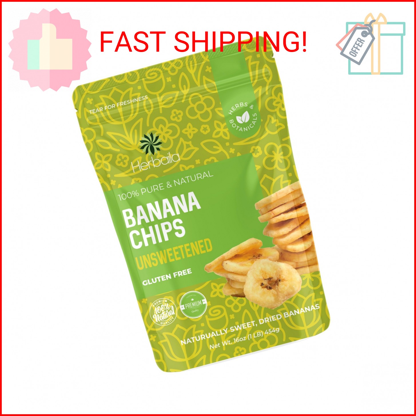 Herbaila Dried Banana Chips Unsweetened Bulk, 1 lb. Dried Bananas, Unsweetened B