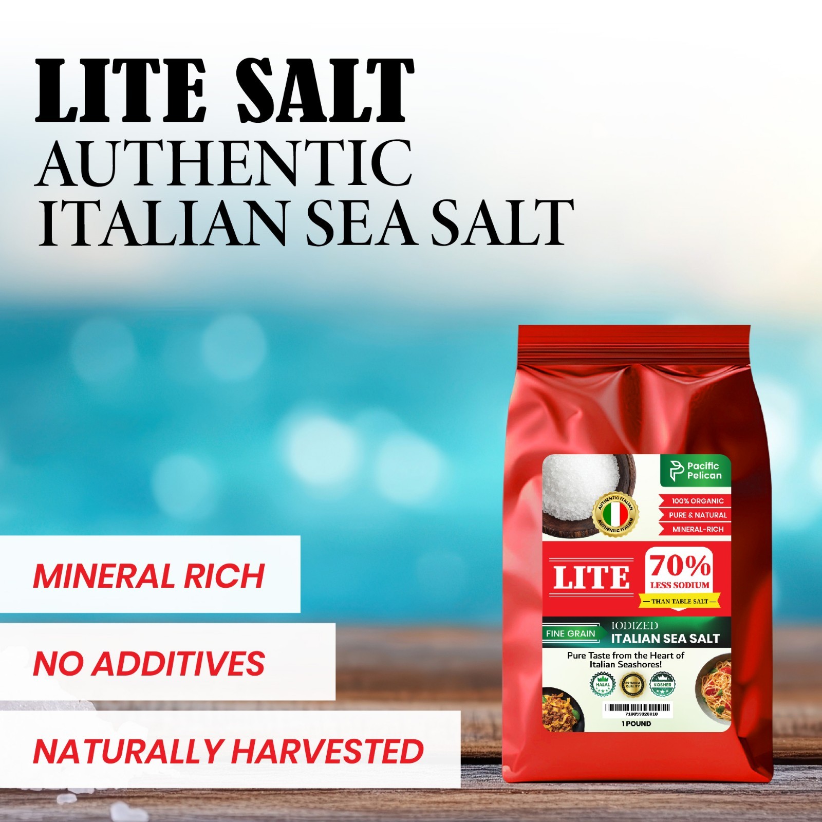 Pacific Pelican Iodized Lite Italian Sea Salt, 70% Less Sodium, Fine Grain, 1LB