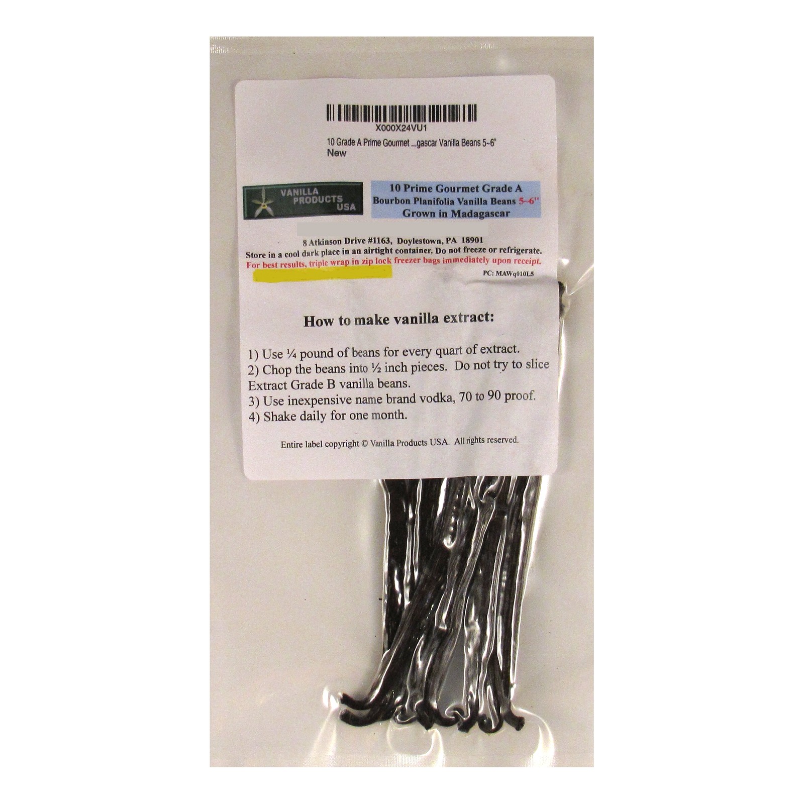 Vanilla Products USA 10 Gr A Prime Gourmet Madagascar Bourbon Vanilla Beans 5~6″