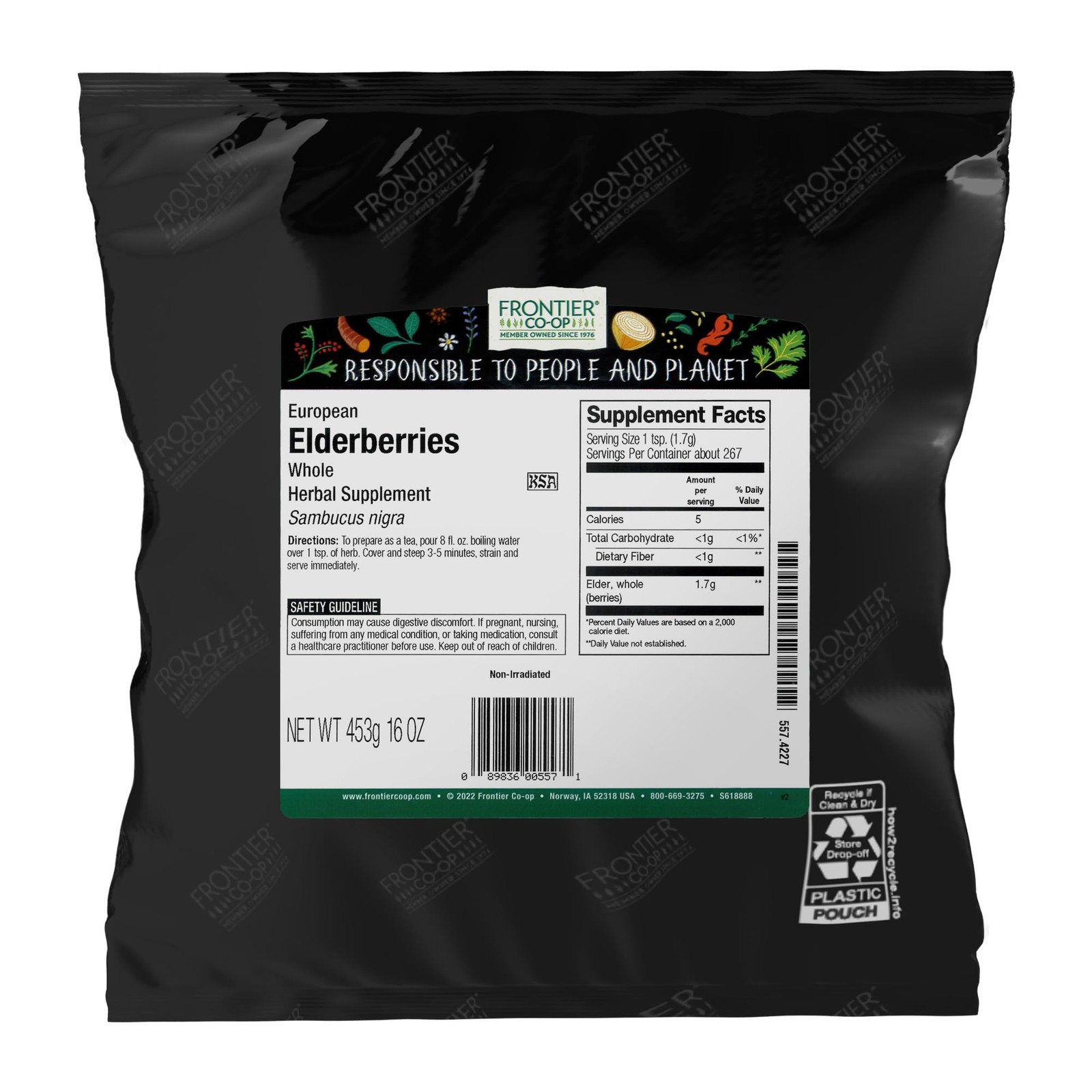 Frontier Co-op Dried Elderberries, European 16 Ounce (Pack of 1), No Color