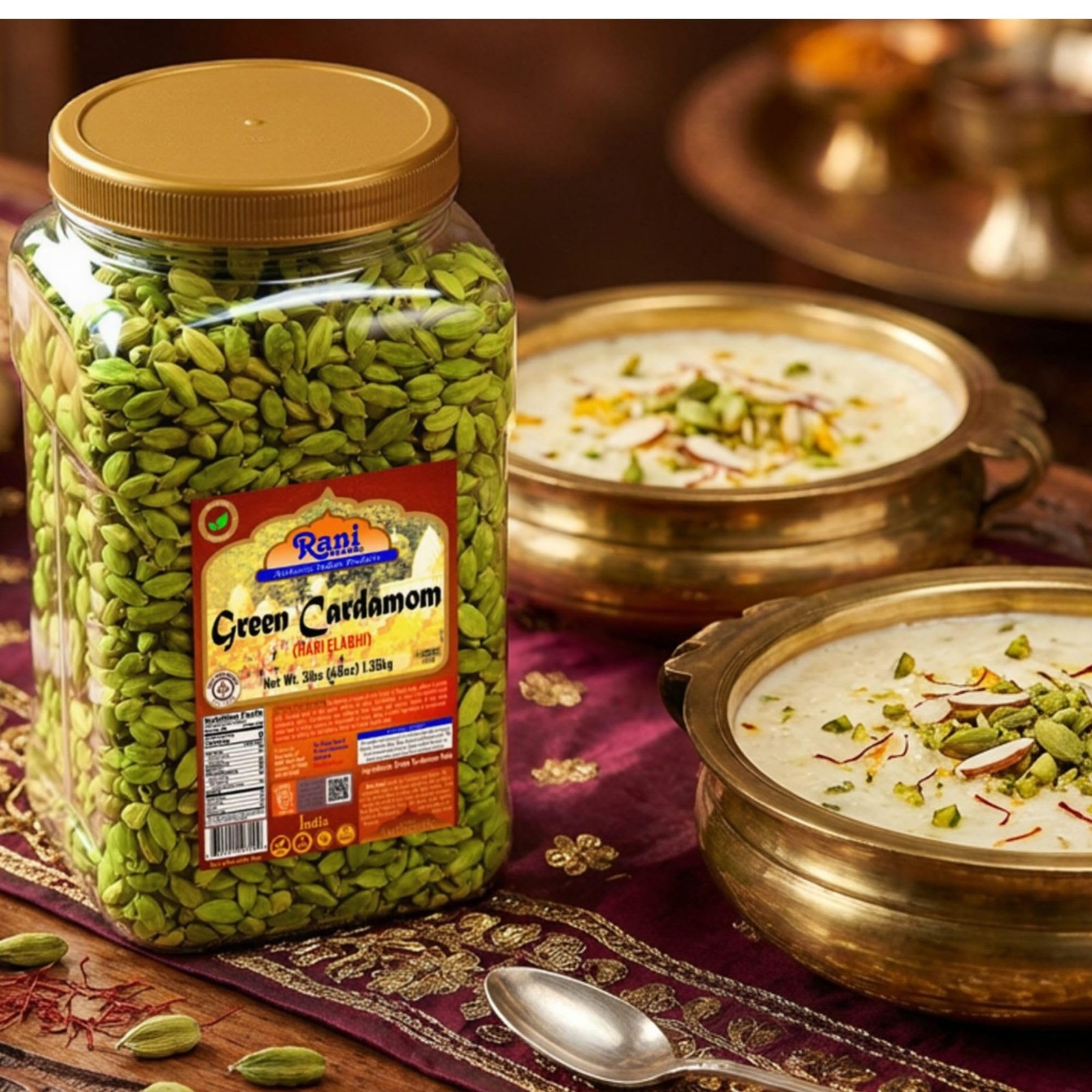 Rani Green Cardamom Pods Spice (Hari Elachi) 48oz (3lbs) 1.36kg PET Jar