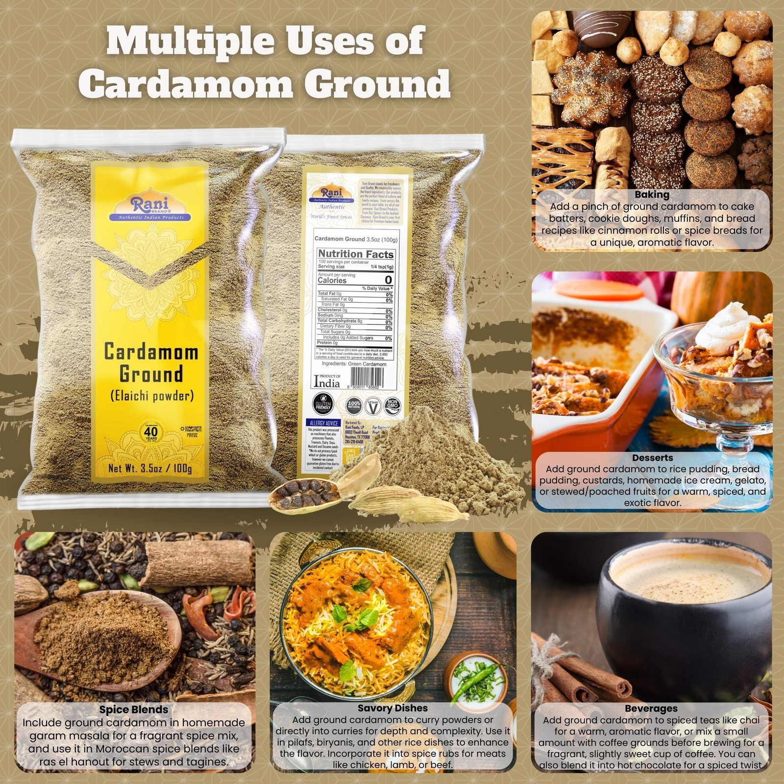 Rani Cardamom (Elachi) Ground, Powder Indian Spice 3.5oz (100g)