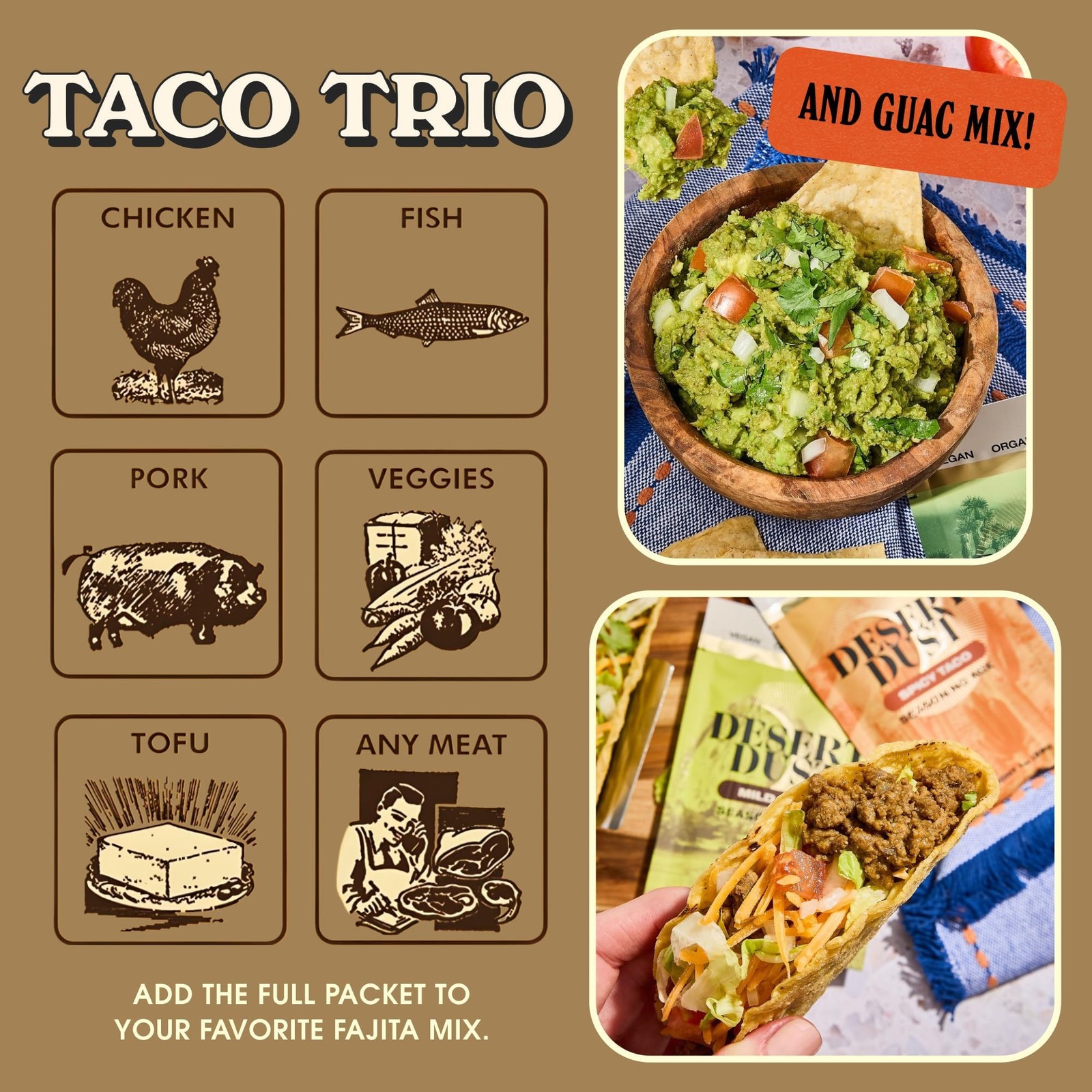 Desert Dust Seasoning Trio – Guacamole Mix, Spicy Taco & Mild Taco Blends | O…
