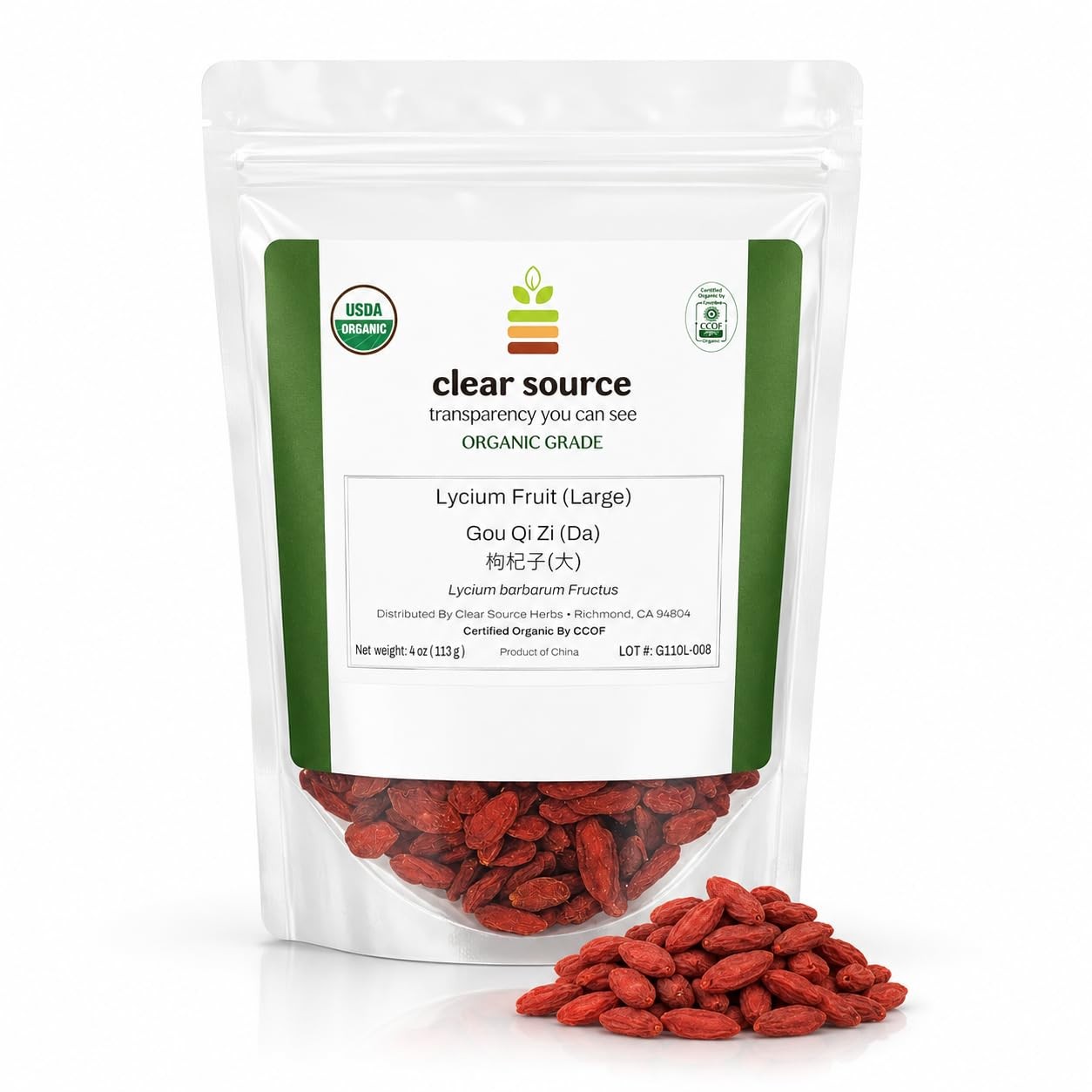 Clear Source Herbs Organic Goji Berries (Lycium barbarum Fructus, Gou Qi 4 oz