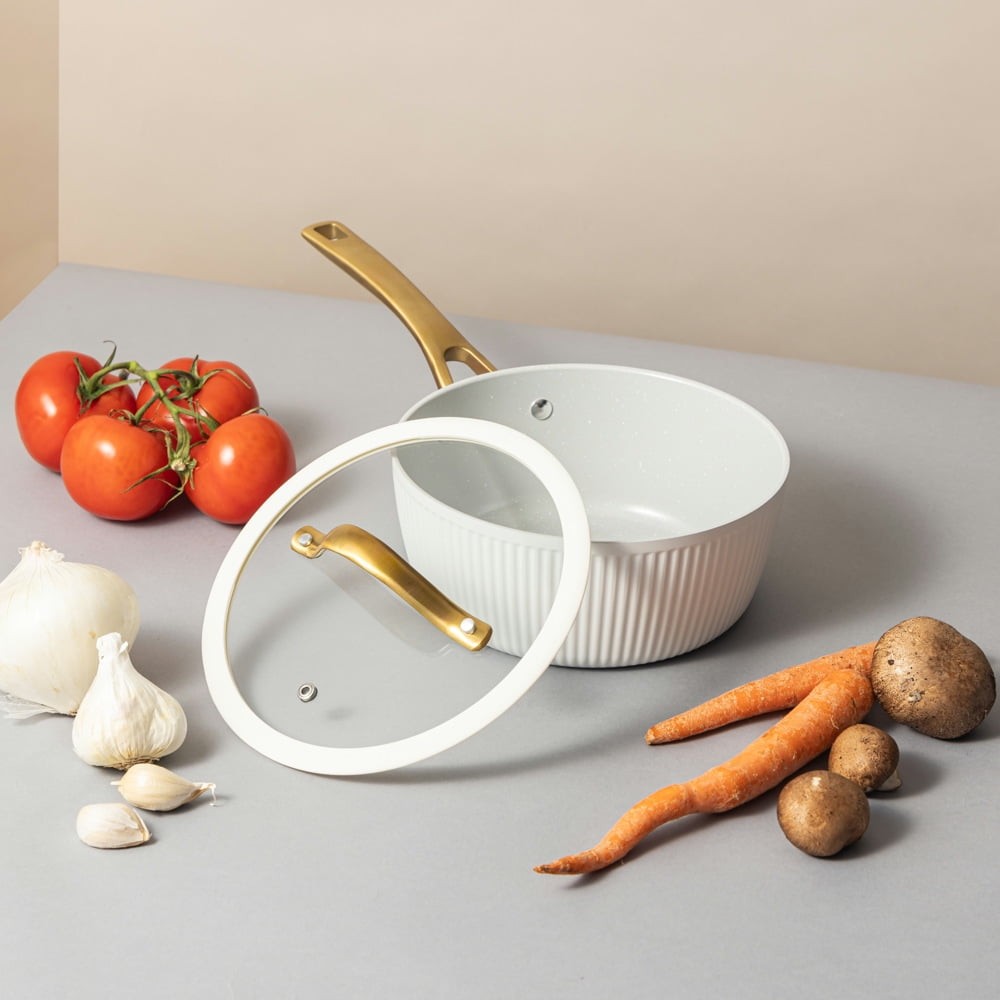 Thyme & Table 2.5 QT Non-Stick Signature Ribbed Saucepan – White & Gold