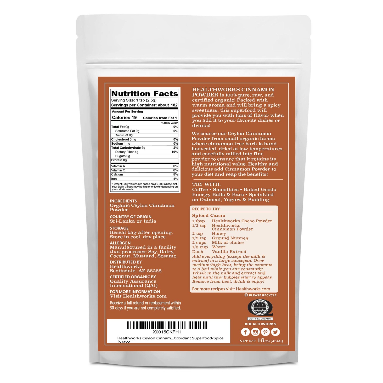 Organic Ceylon Cinnamon Powder – 16 Oz / 1 Lb – Ground Raw – Keto, Vegan & No…