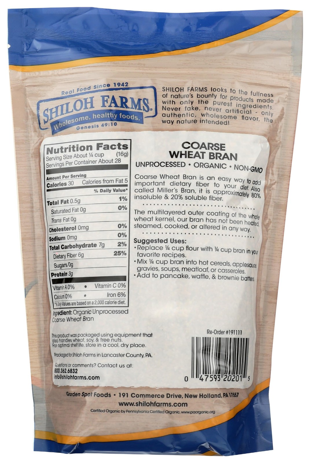 Shiloh Farms, Bran Coarse Organic, 16 Ounce 1 Pound (Pack of 1)