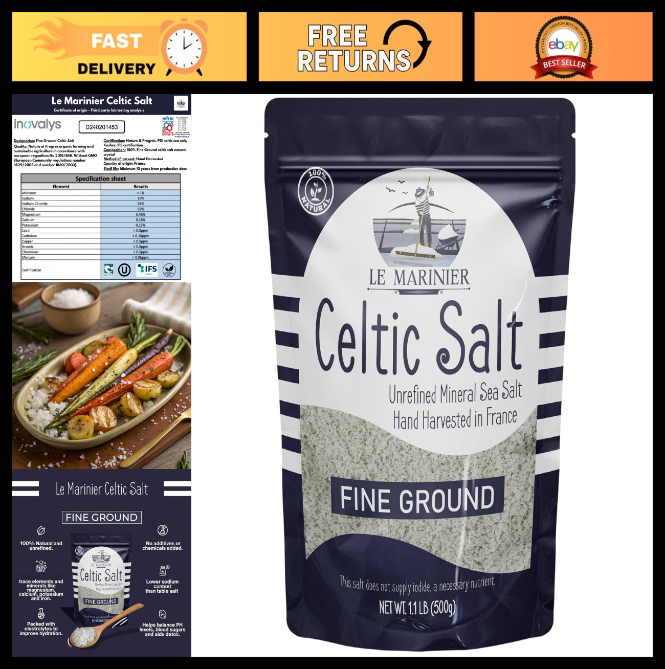 Organic Celtic Sea Salt – 1.1lb Fine Ground, Mineral Rich, 100% Natural, Hand Ha