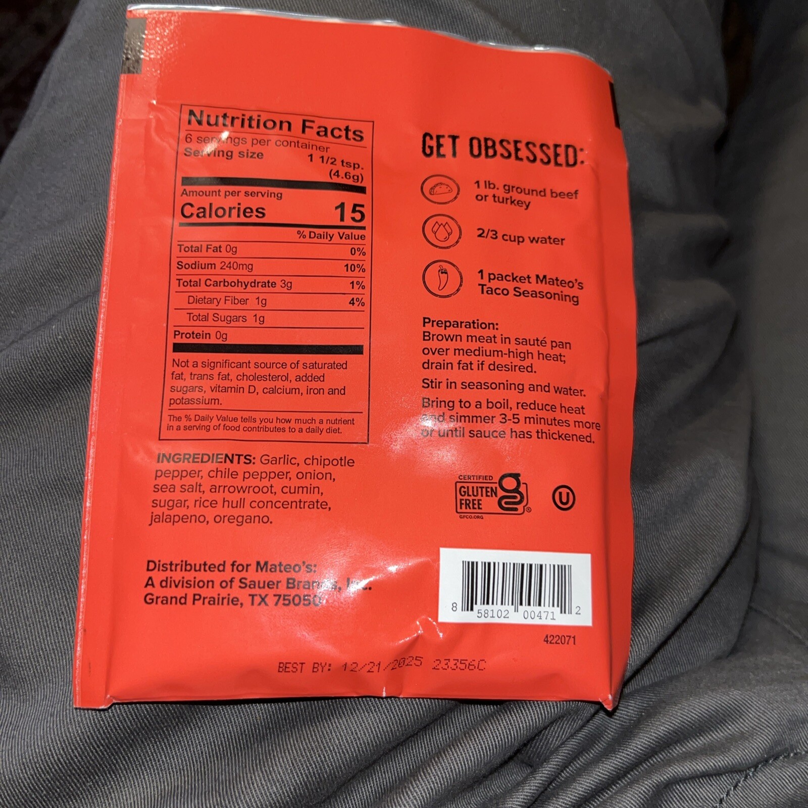 MATEOS TACO Seasoning Mix Hot Chipotle, No MSG, No Gluten