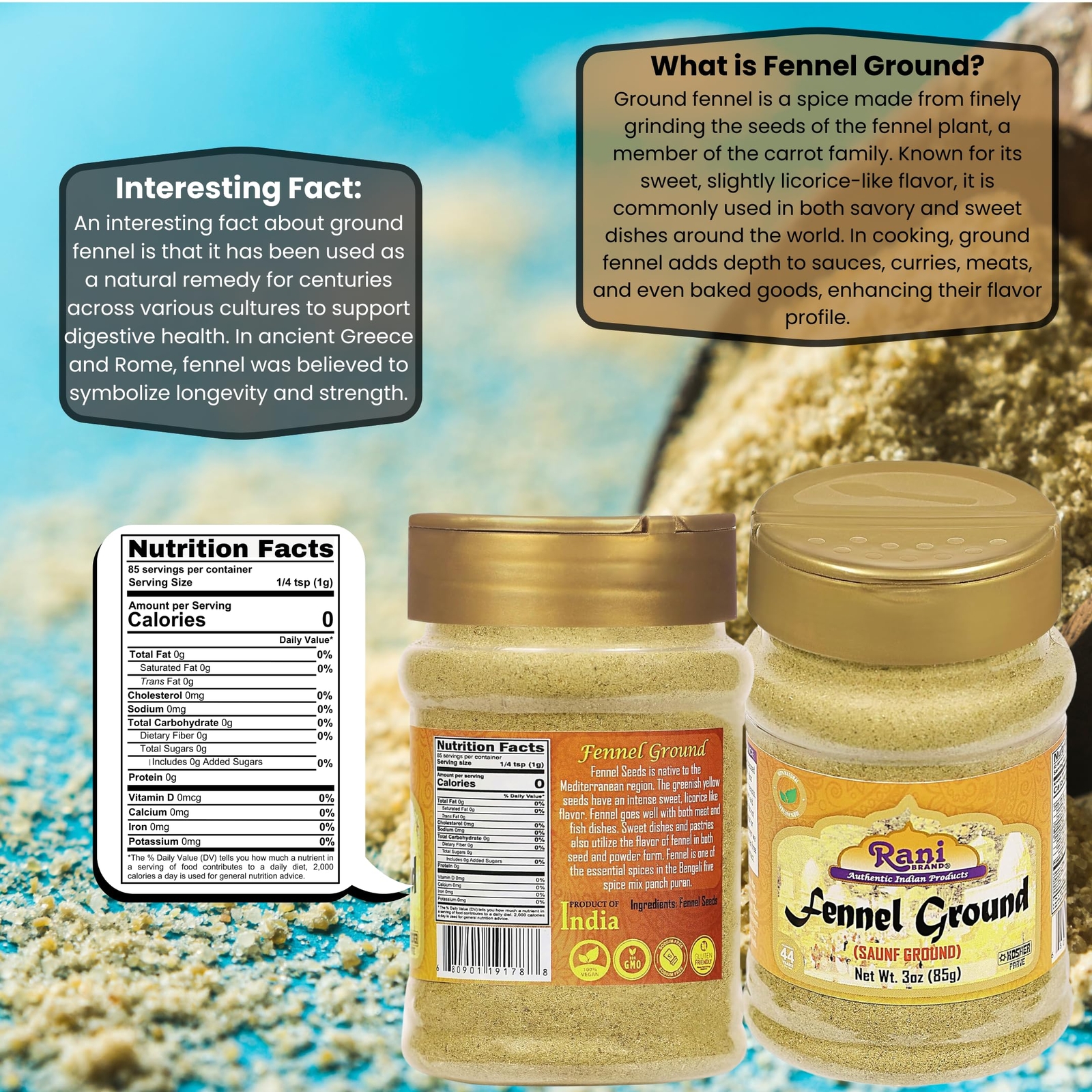 Rani Fennel Ground (Saunf) Powder Spice 3oz (85g) PET Jar