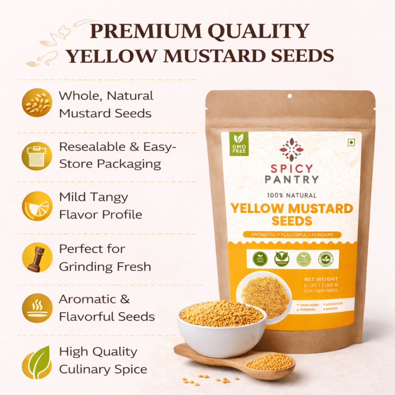 Yellow Mustard Seeds Whole – 100% Pure Natural Indian Spice – 4 OZ