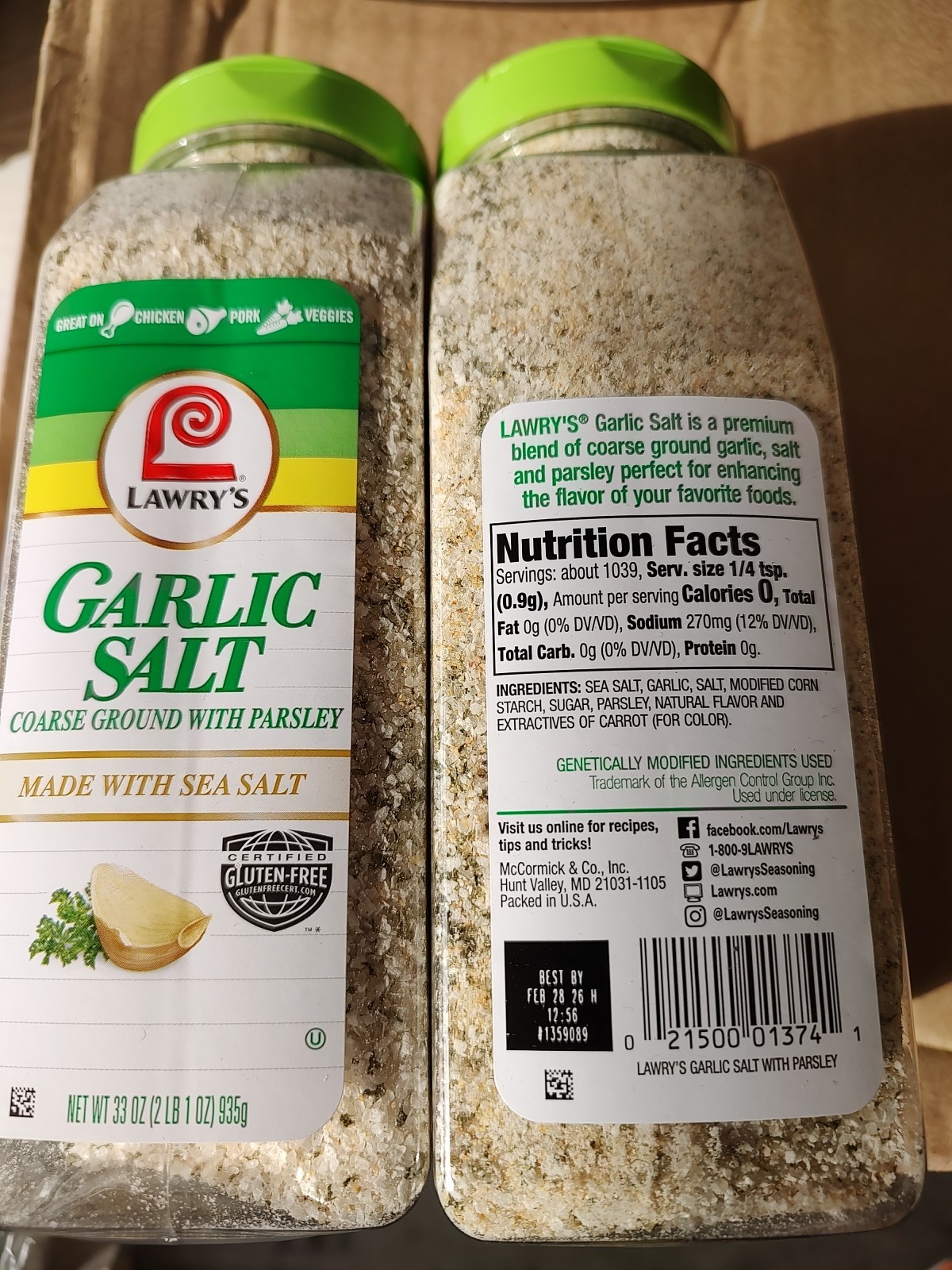 2 Lawry’s Coarse Ground Garlic Salt with Parsley 33 oz.BB Feb 2026.