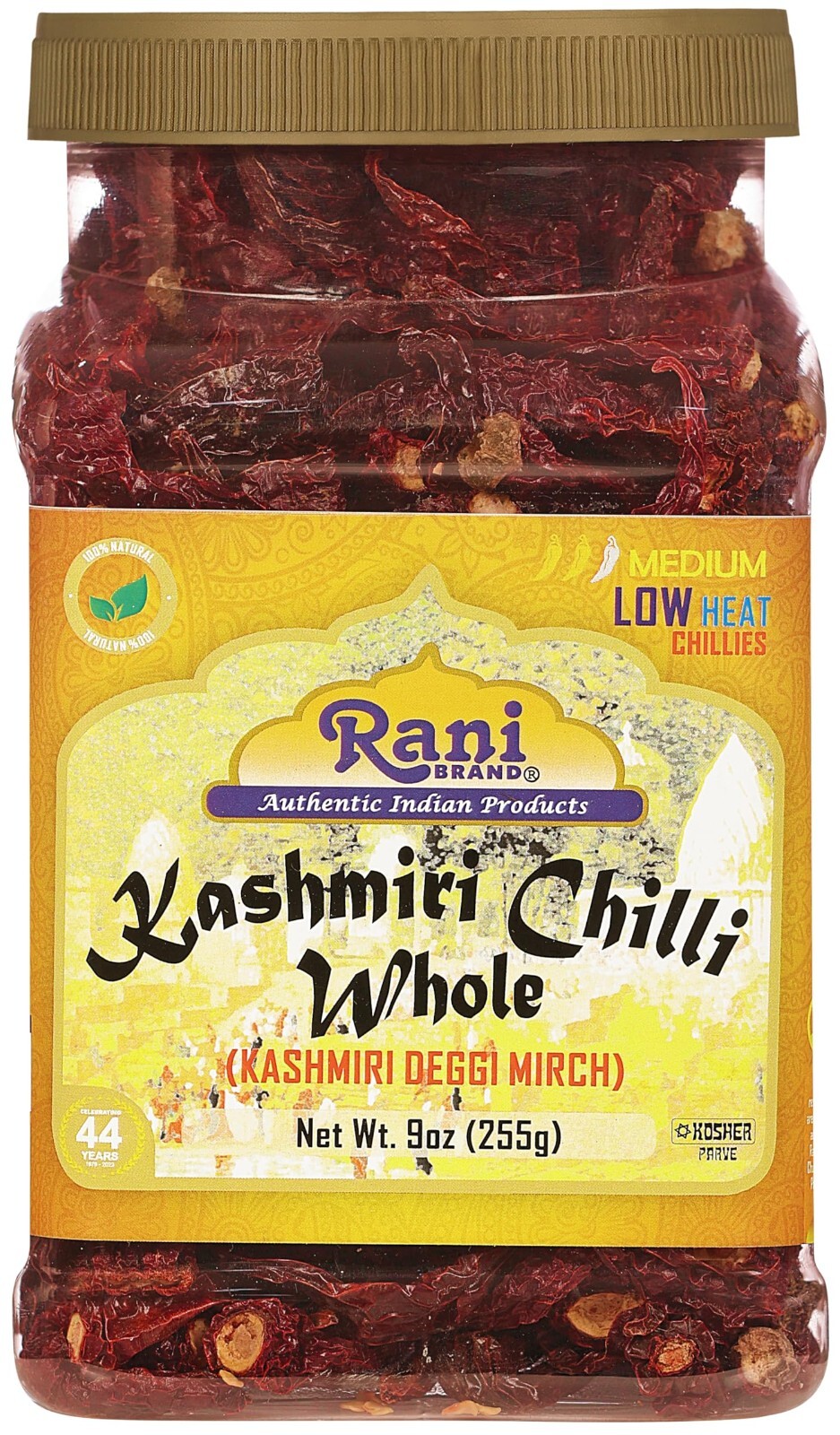 Rani Kashmiri Chilli Whole Stemless (Deggi Mirch, Low Heat) 9oz (255g) PET Jar