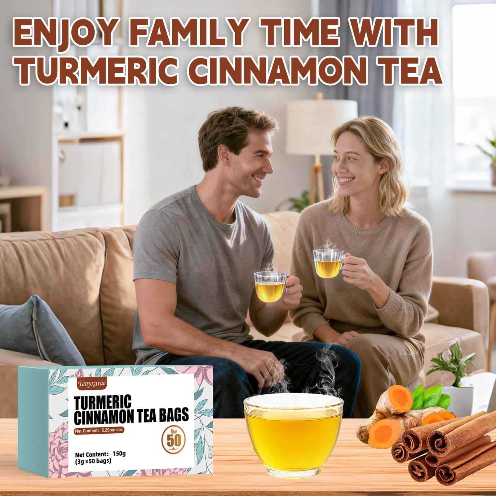 Organic Turmeric Ginger Cinnamon Tea Bags – Caffeine-Free, Vegan, 50 Count