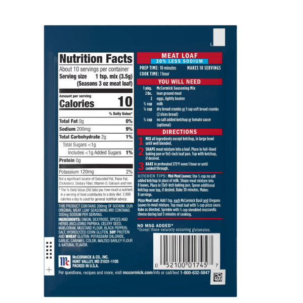 McCormick Meat Loaf Seasoning Mix with 30% Less Sodium, 1.25 oz