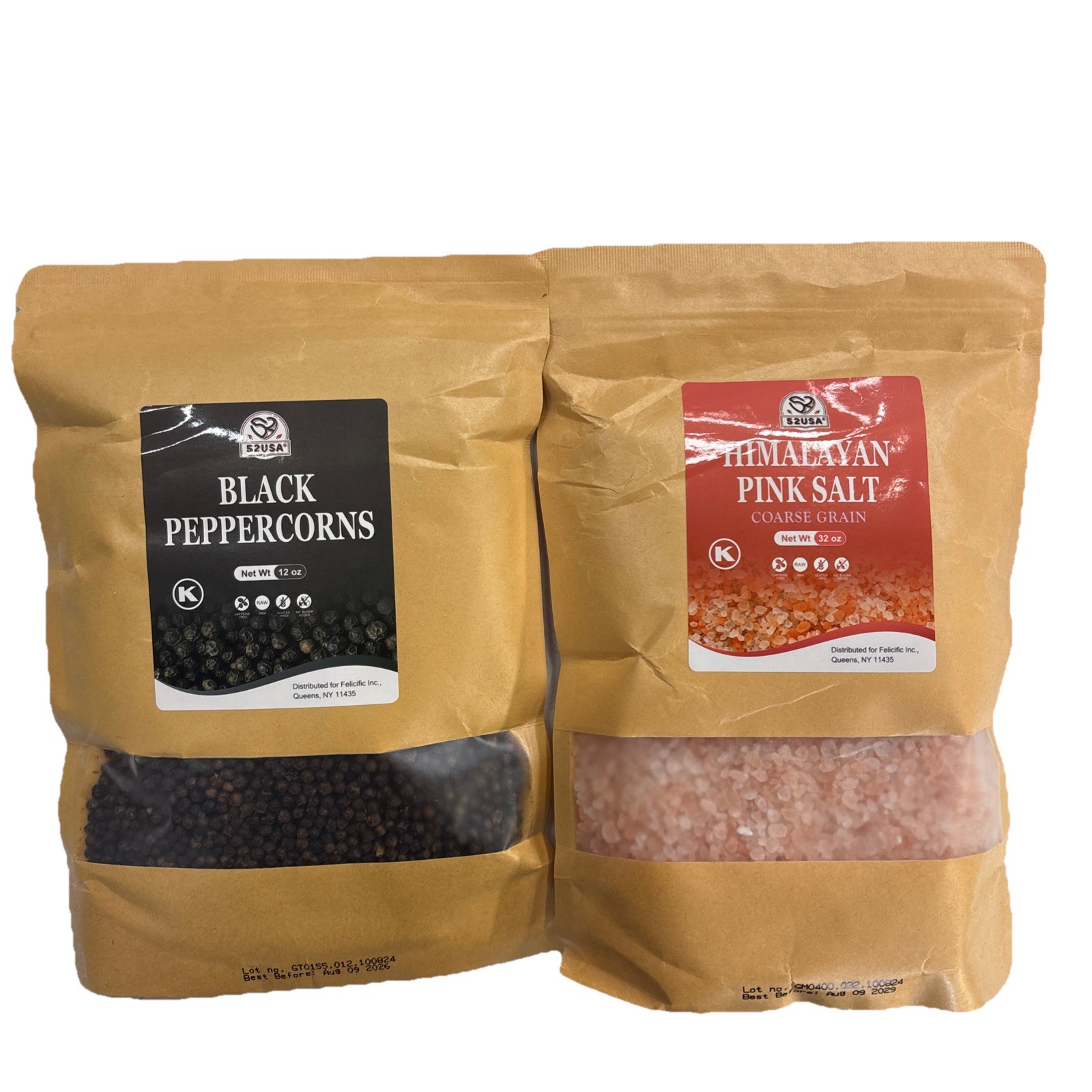 52USA 12 Oz Bags 2 Pack Of Black Peppercorns & Himalayan Pink Salt