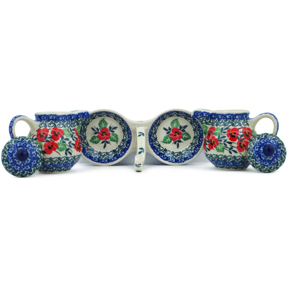 Polish Pottery Seasoning Set 6-inch Red Pansy Handmade in Boleslawiec Poland