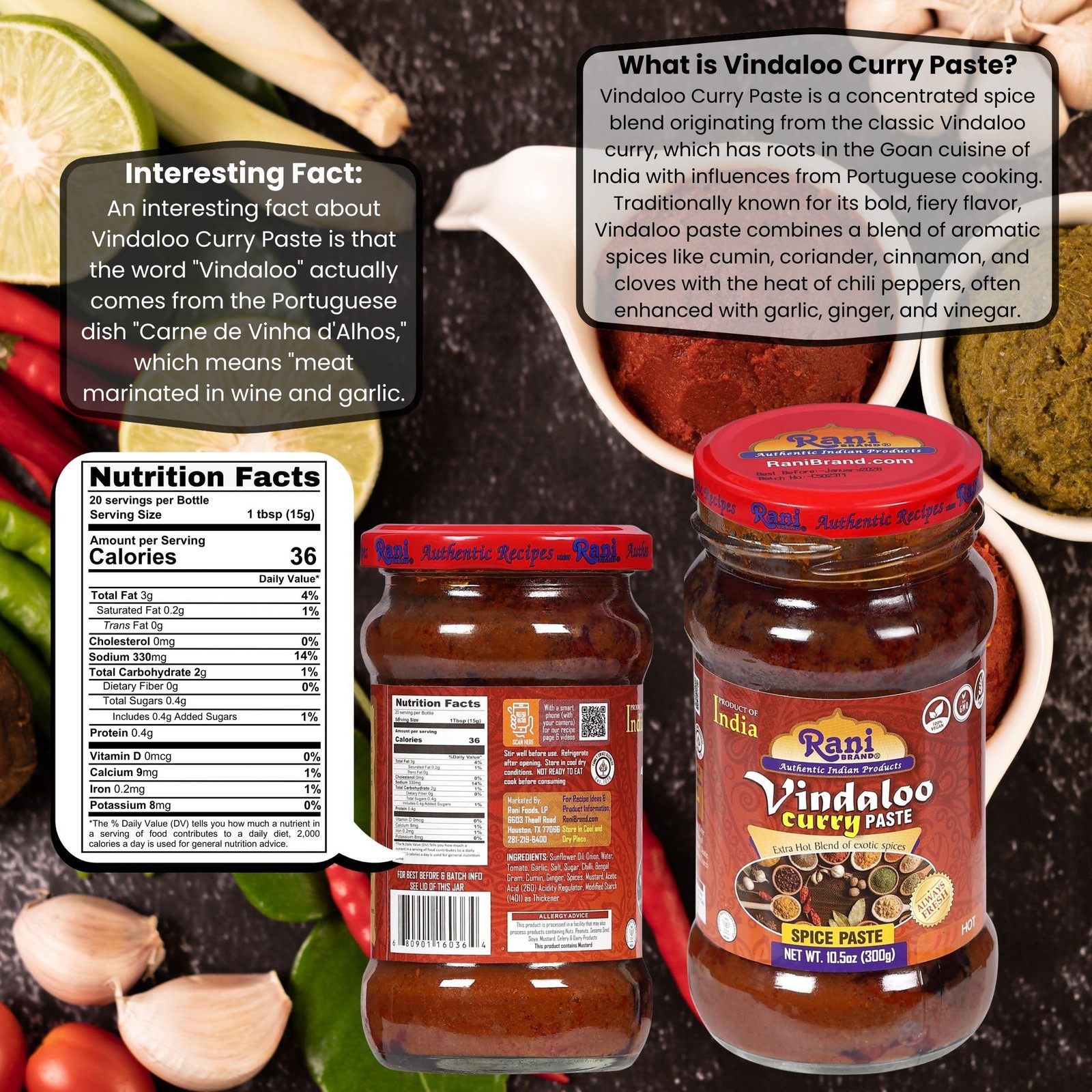 Rani Vindaloo Curry Cooking Spice Paste, Hot! 10oz (300g) Glass Jar