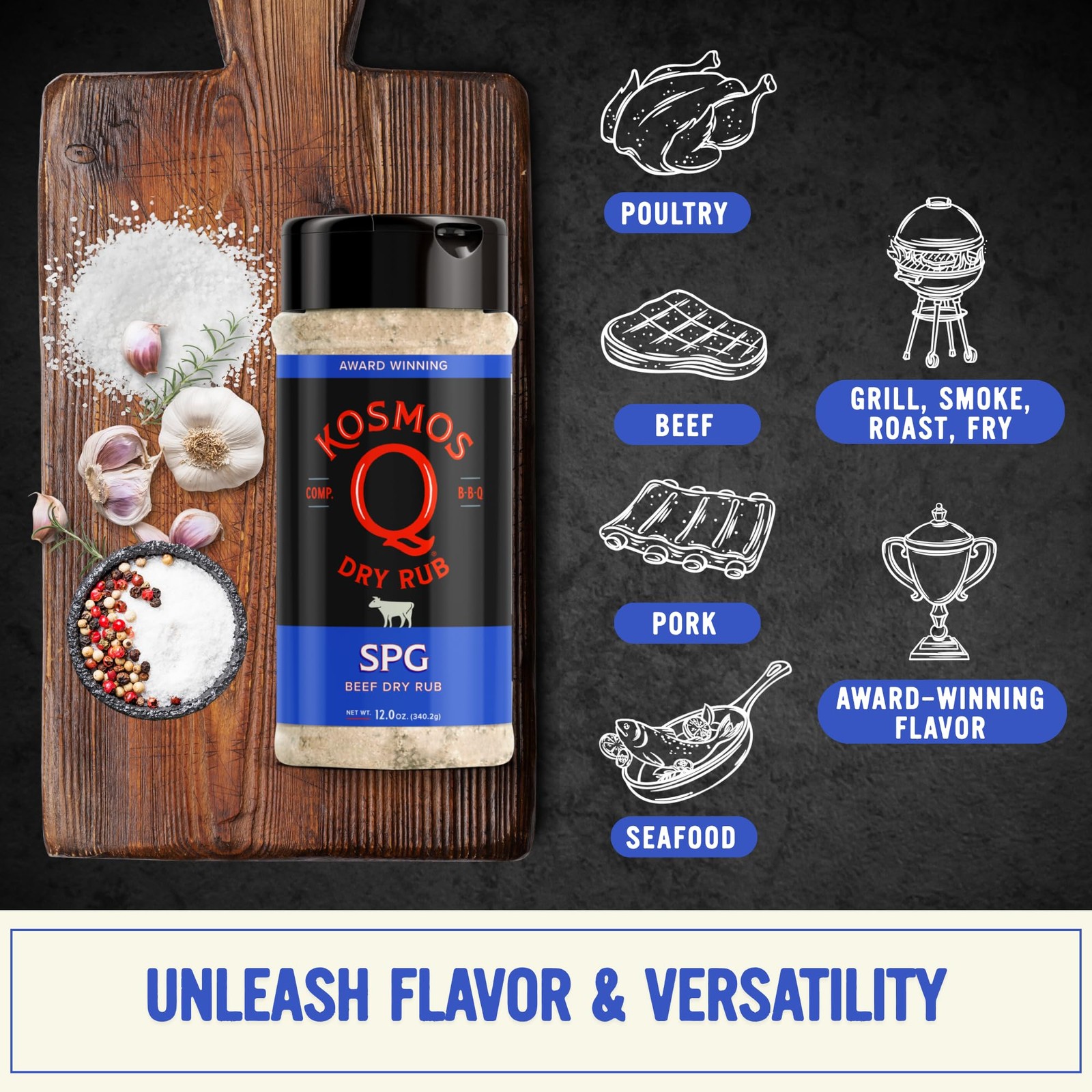 Kosmos Q SPG BBQ Dry Rub, Father’s Day Gift for Him, Salt Pepper Garlic Seaso…