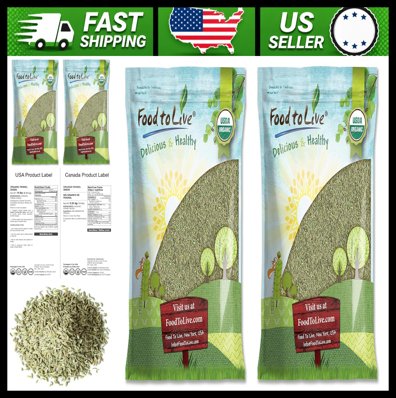 Organic Fennel Seeds 14 lb Whole Raw Non-GMO Kosher Vegan Bulk Spice