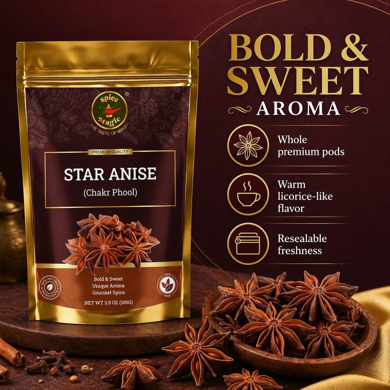 Spice Magic Star Anise Whole, Pods for Pho, Chai & Mulled Wine, 3.5oz (100g)