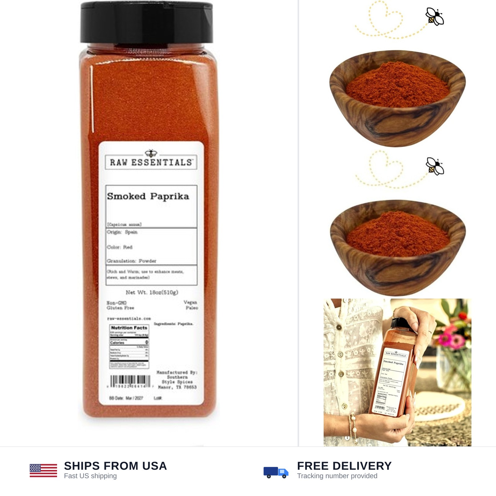 Raw Essentials Smoked Paprika Powder, 18 oz | Rich Smoky Flavor, For BBQ, Mea…