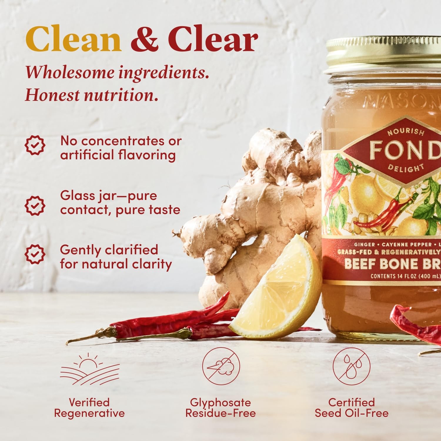 FOND Regenerative Grass Fed Beef Bone Broth Infused with Organic Ginger Caye…