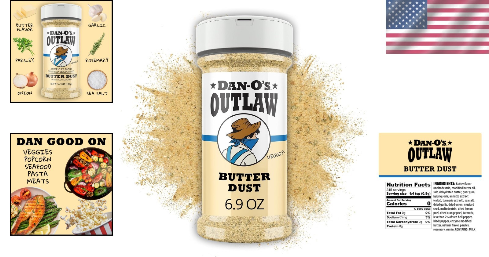 Outlaws Butter Dust Seasoning, 6.9 oz – Buttery Flavor, Zero Calorie Magic