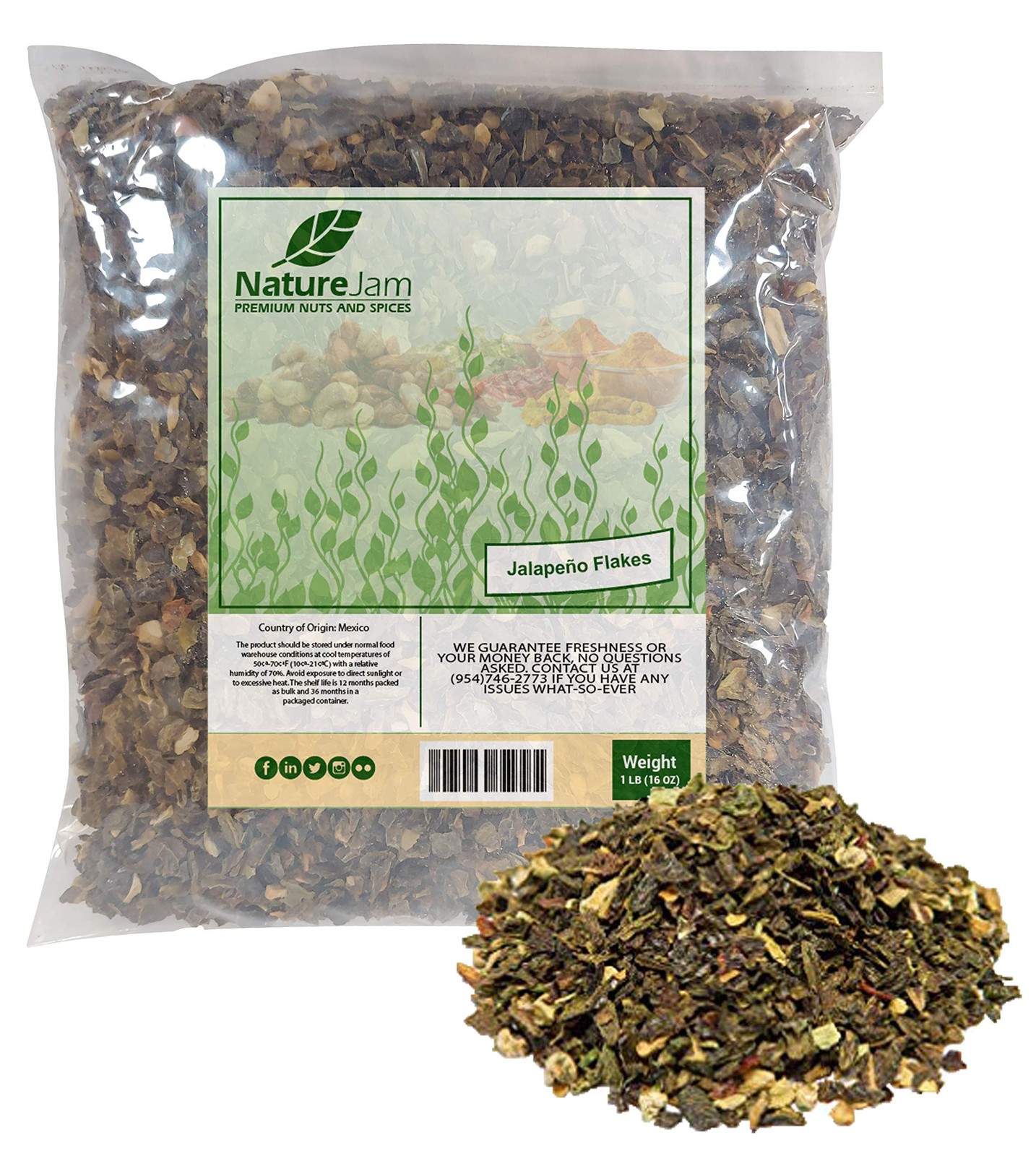 Dried Hot Jalapeno Pepper Flakes – Dehydrated Washed 1 Pound (Pack of 1)