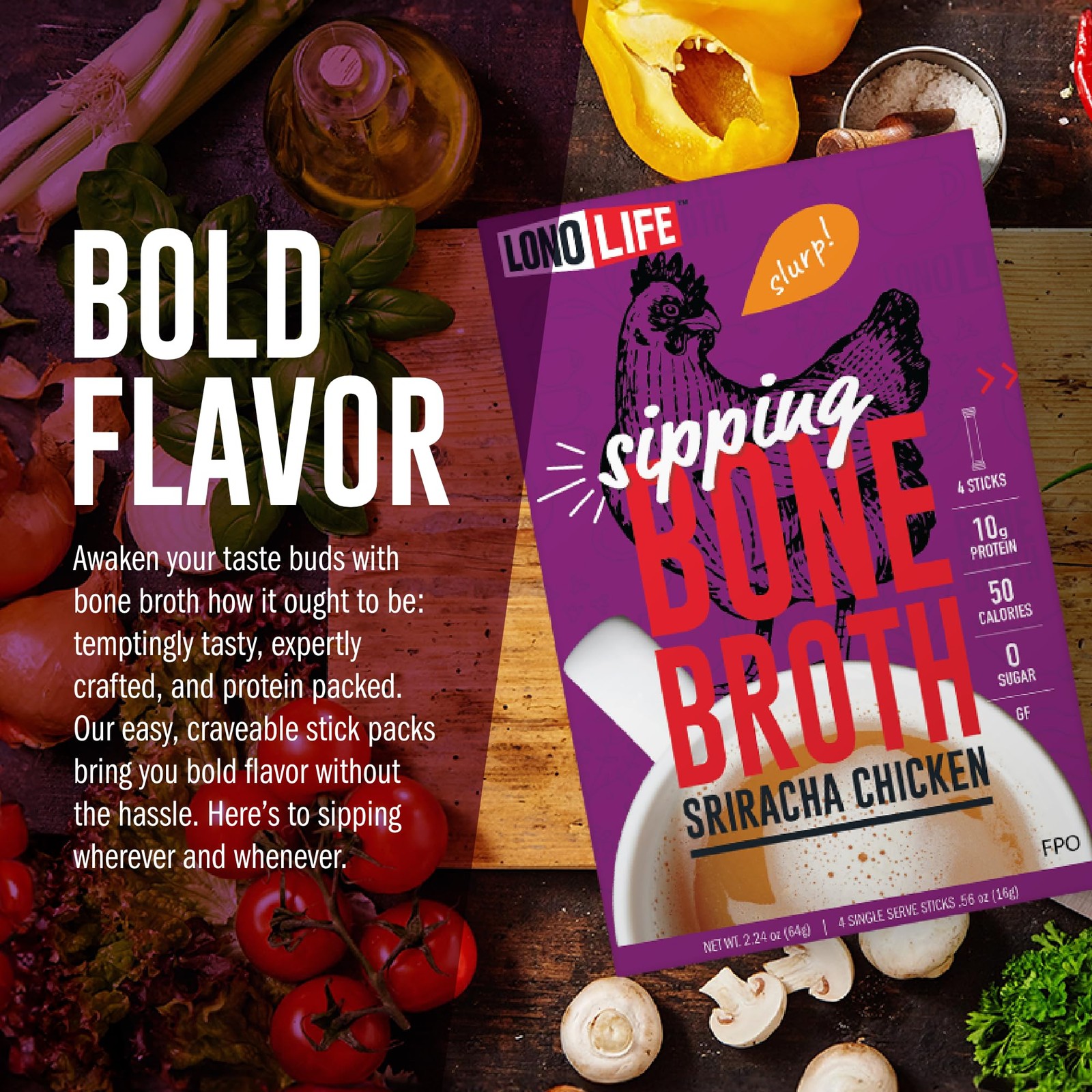 LonoLife Sriracha Chicken Bone Broth Powder Mix, 10g Protein, 10 Stick Packs