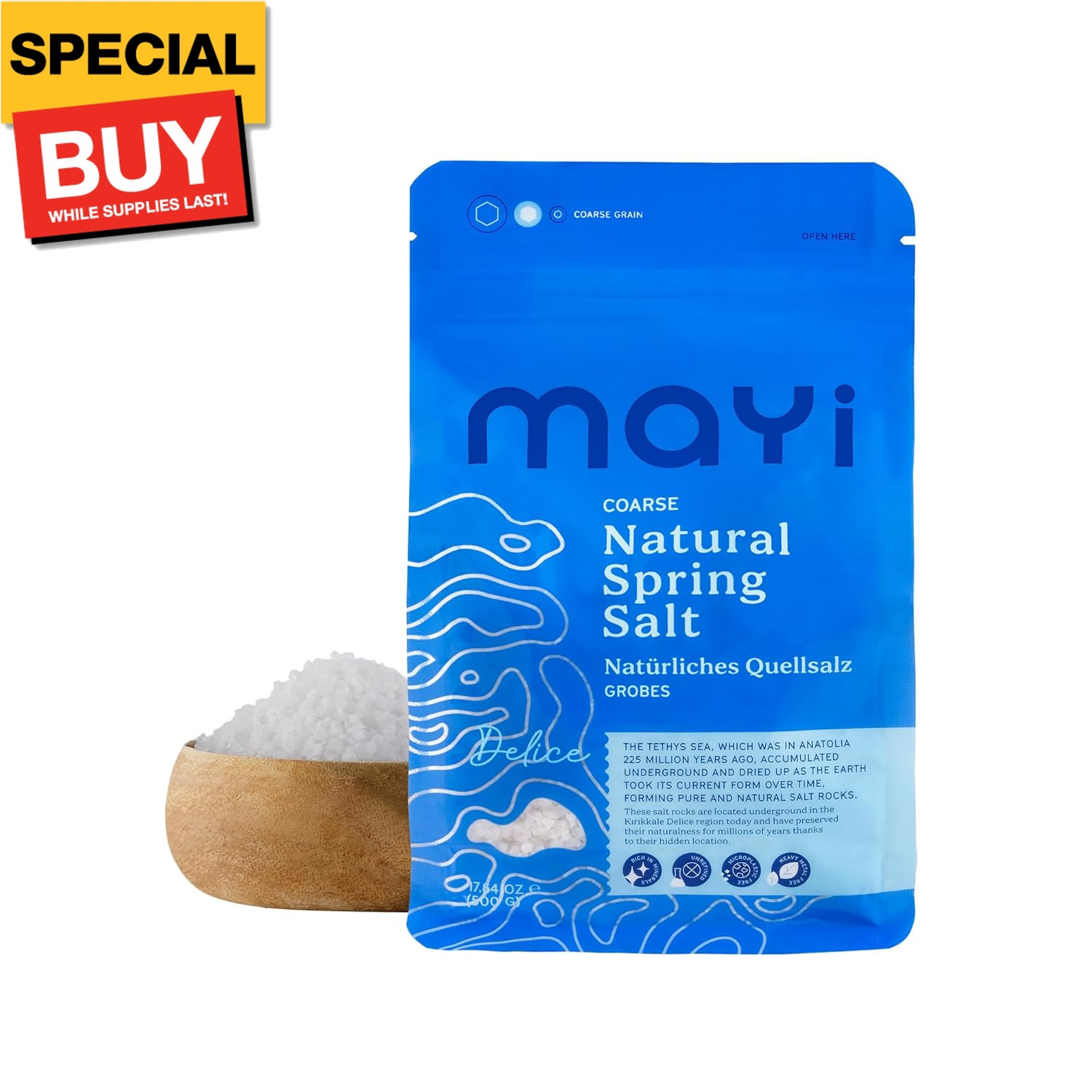 MAYİ Ancient Natural Spring Coarse Salt 1.1 lb – Hand-Harvested, Kosher, Micropl