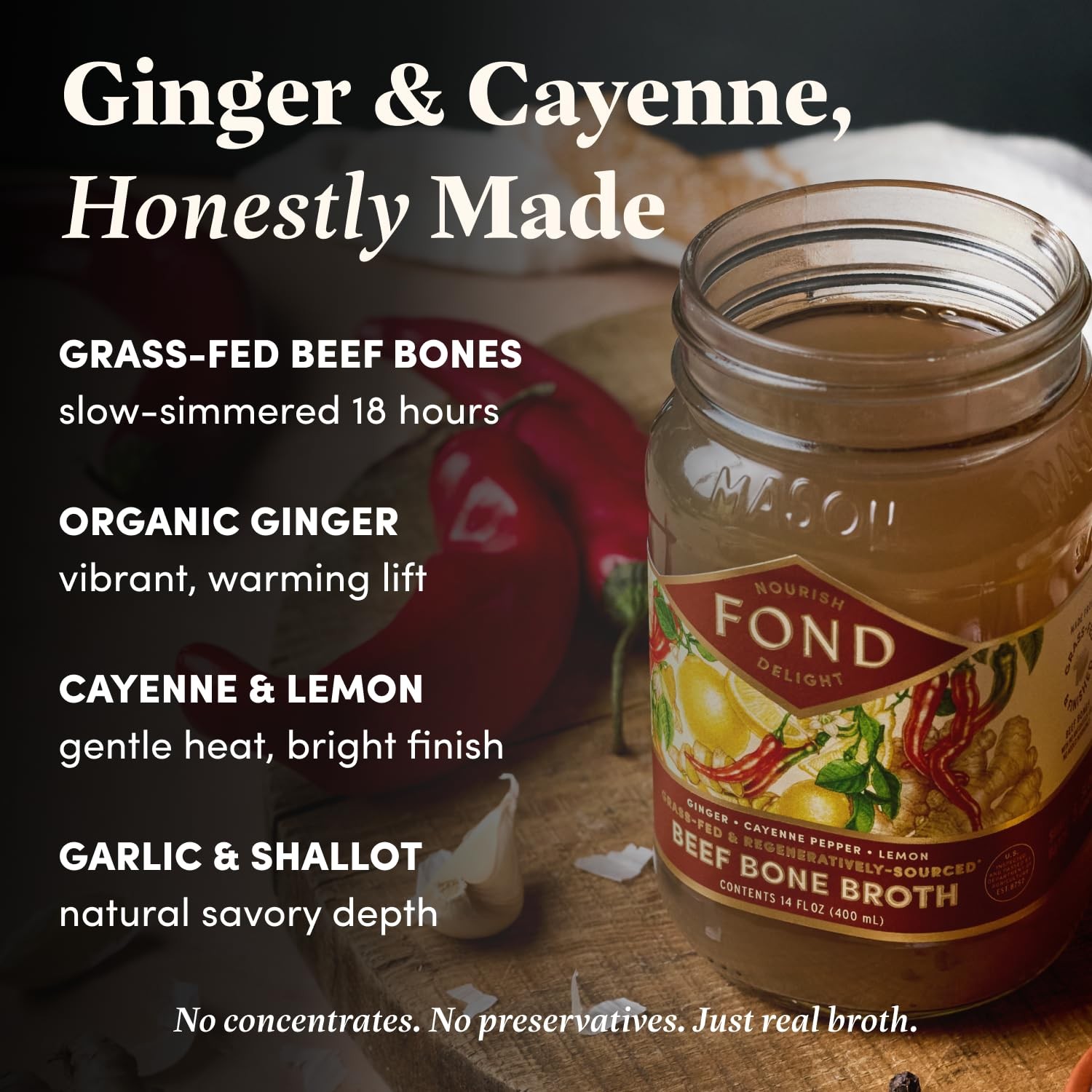 FOND Regenerative Grass Fed Beef Bone Broth Infused with Organic Ginger Caye…