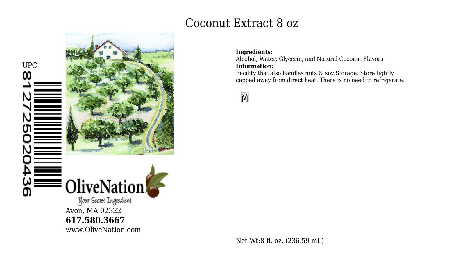 Coconut Extract 8 Ounces Gluten Free Sugar Free Bake and Freeze-Proof