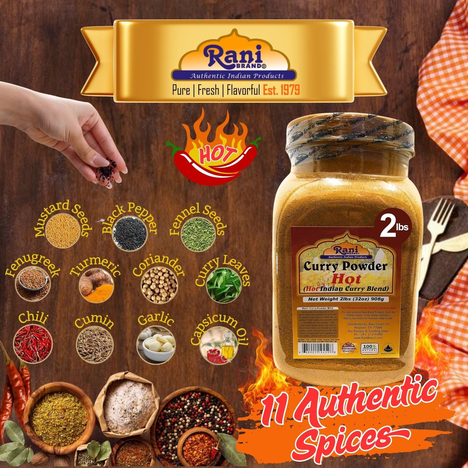 Rani Curry Powder Hot (11-Spice Authentic Indian Blend) 32oz (2lbs) 908g PET Jar