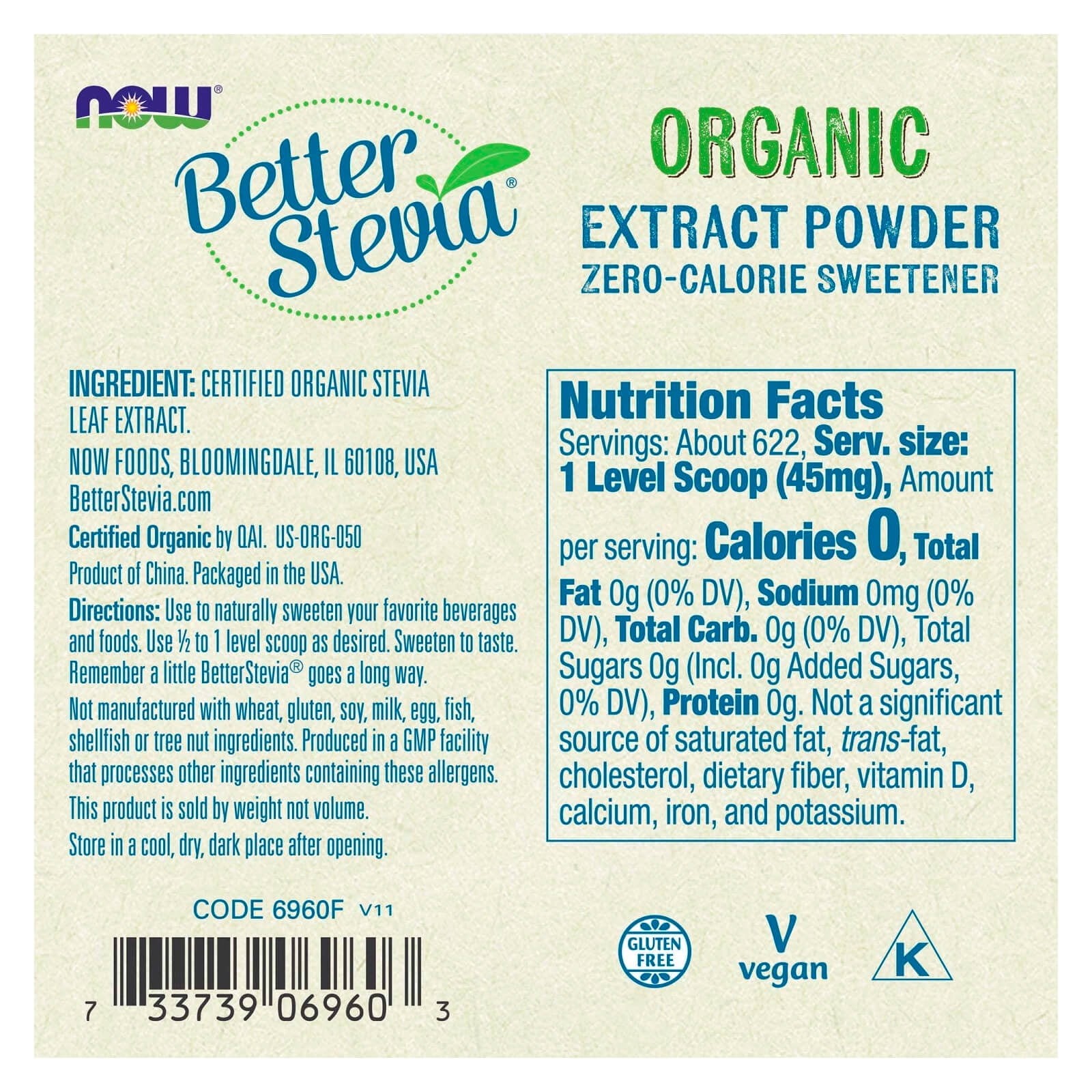 NOW Foods Better Stevia Organic Zero Calorie Powdered Sweetener 1 oz