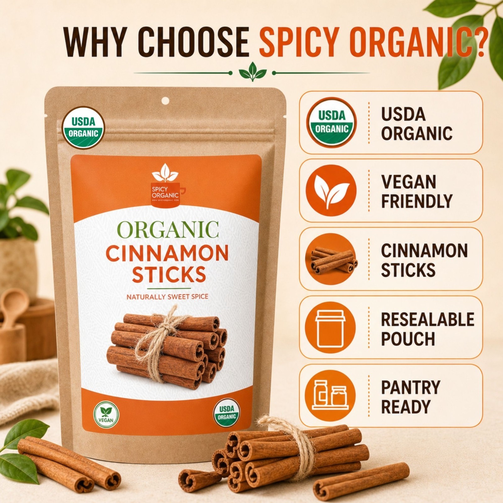 Spicy Organic Cassia Cinnamon Sticks 4 oz | USDA Organic