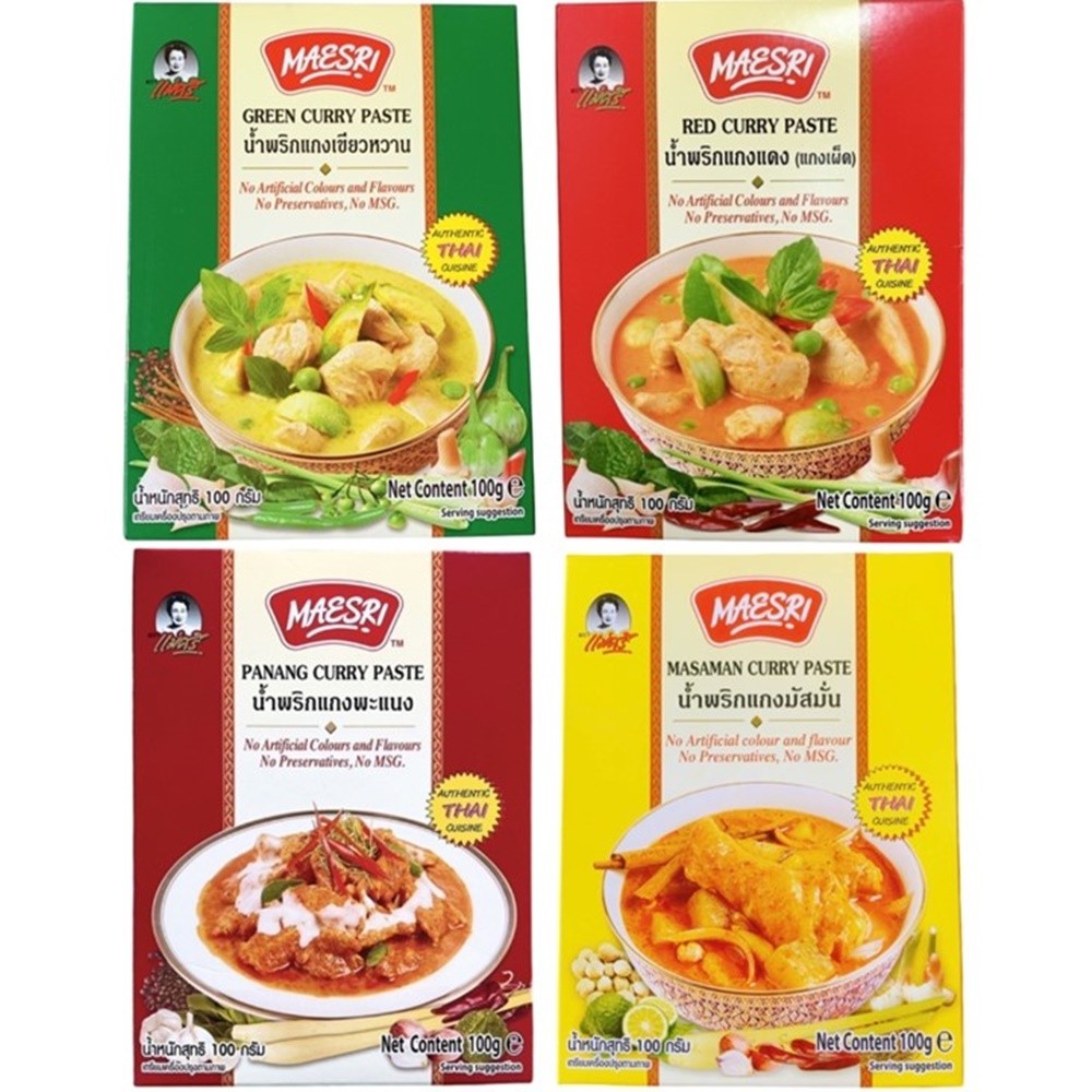 Maesri Thai Curry Paste Set of 4 – Green, Red, Panang, Massaman 100g Each No MSG
