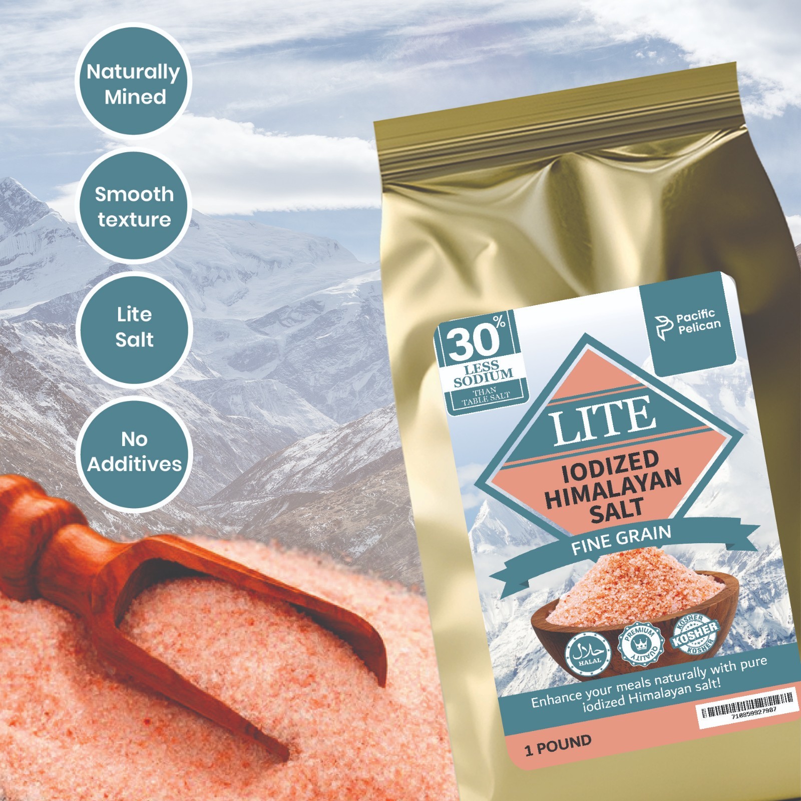 Pacific Pelican 30% Less Sodium Iodized Himalayan Pink Salt, Fine Grain, 1 LB