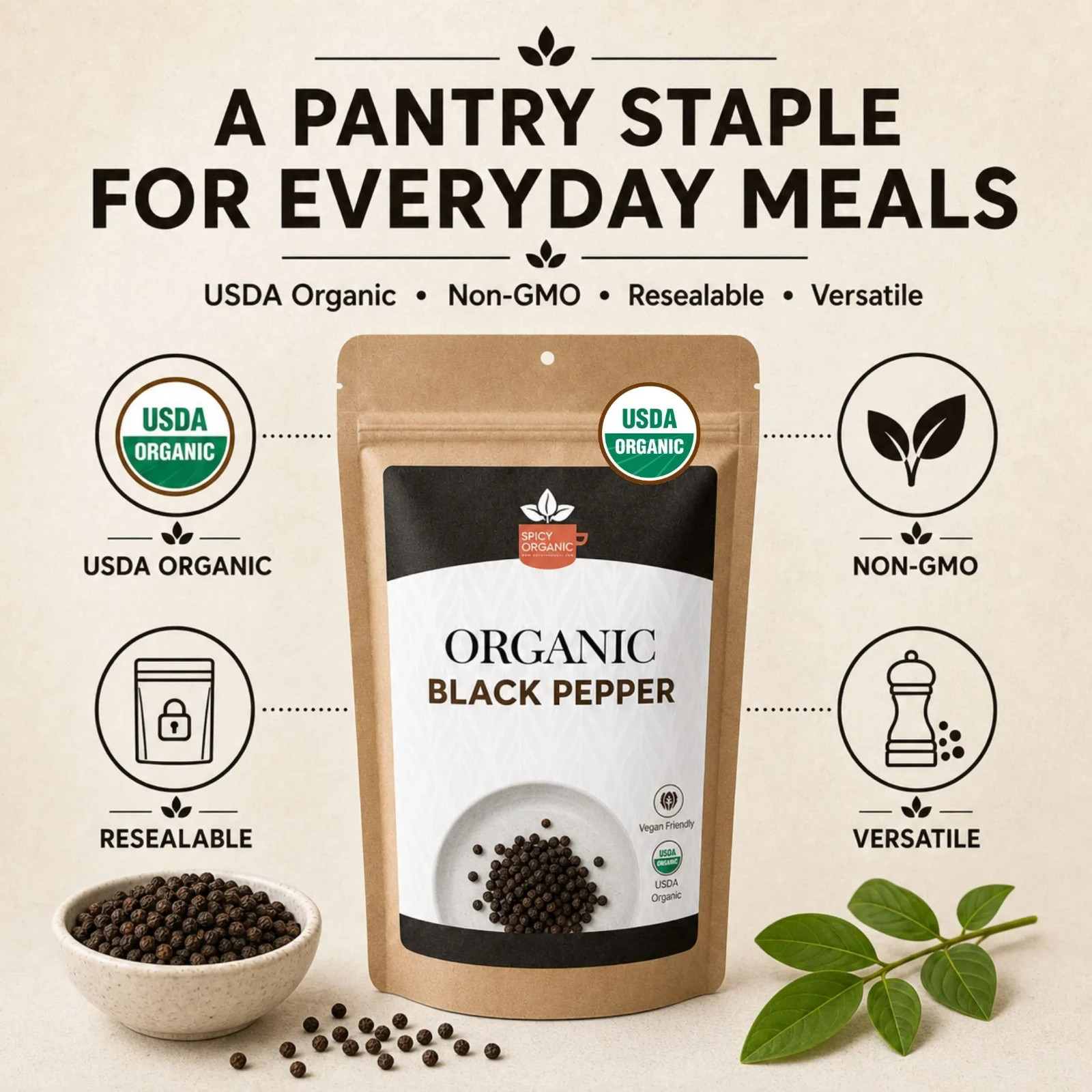Organic Black Pepper (4 OZ) – Non-GMO Dried Whole Peppercorns for Grinder