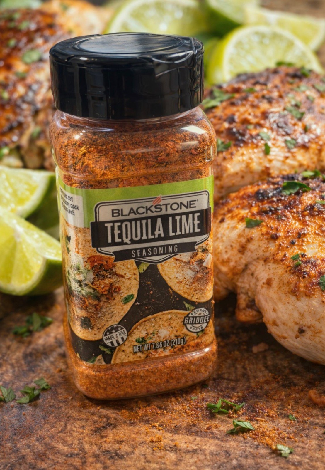 Blackstone Tequila Lime Seasoning (7.4 oz) adds a bold, zesty flavor to chicken.