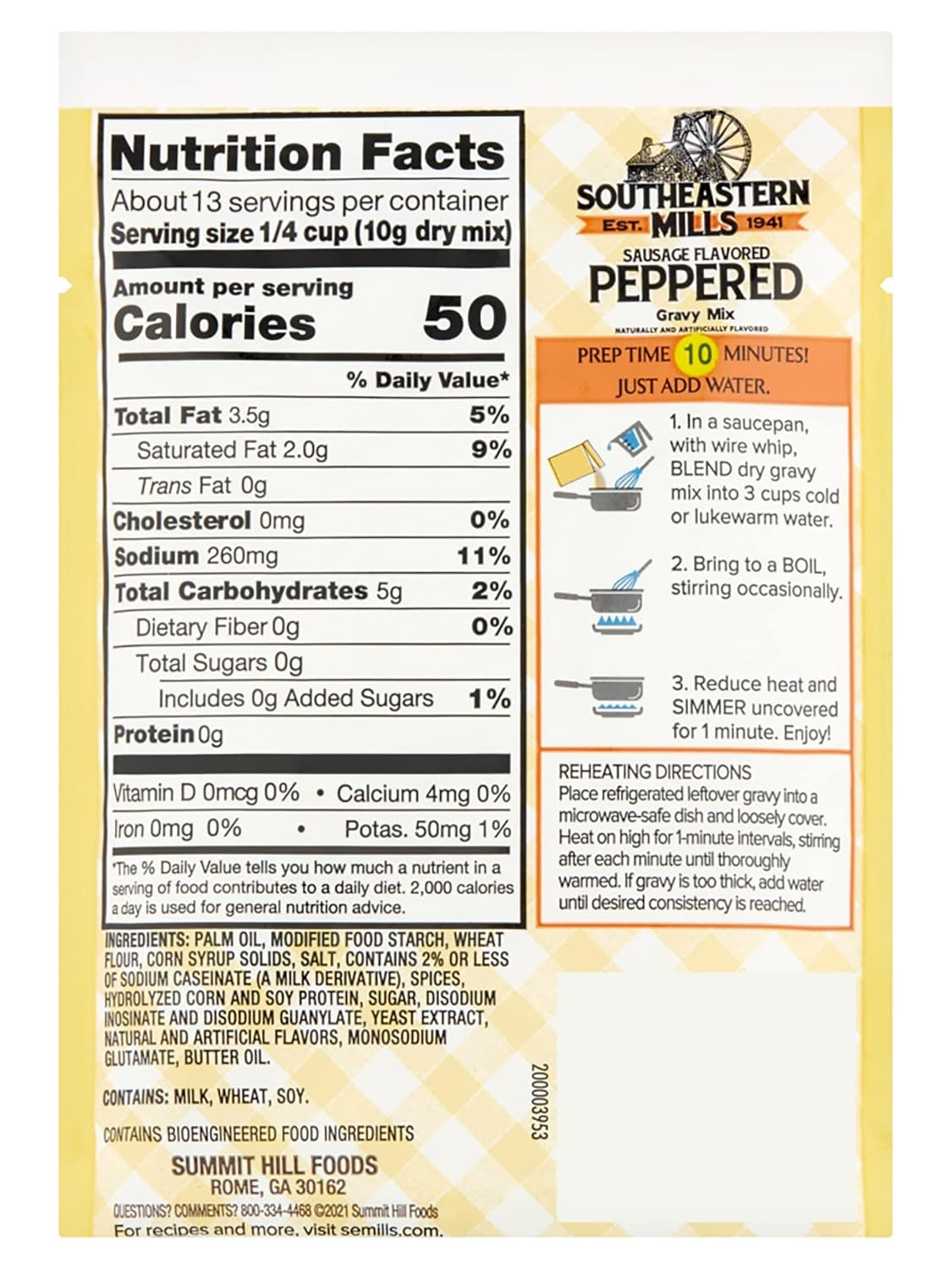 Gravy Mix, Sausage Flavored Peppered Gravy Mix, Just Add Water, Family Size, 4.5