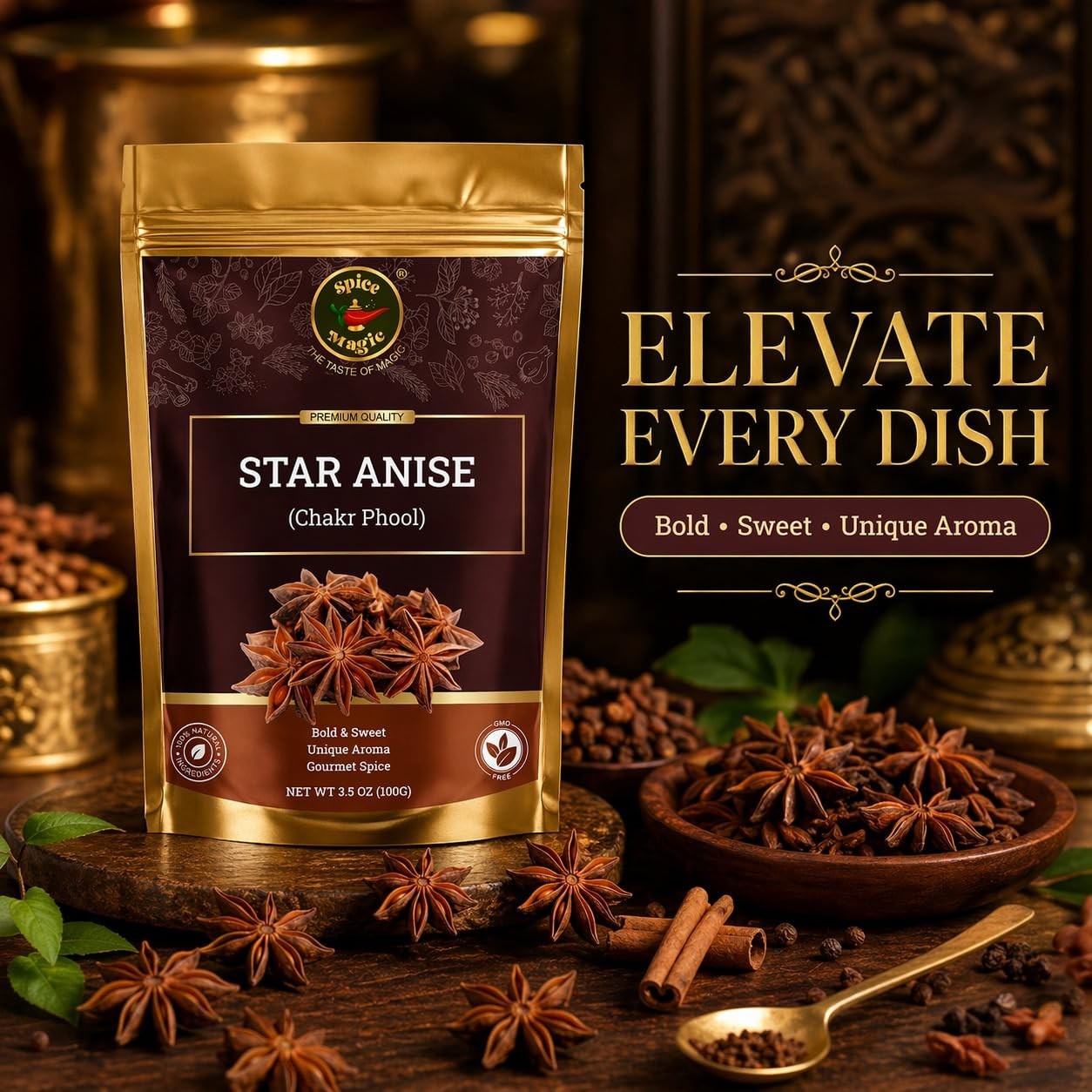 Spice Magic Star Anise Whole, Pods for Pho, Chai & Mulled Wine, 3.5oz (100g)
