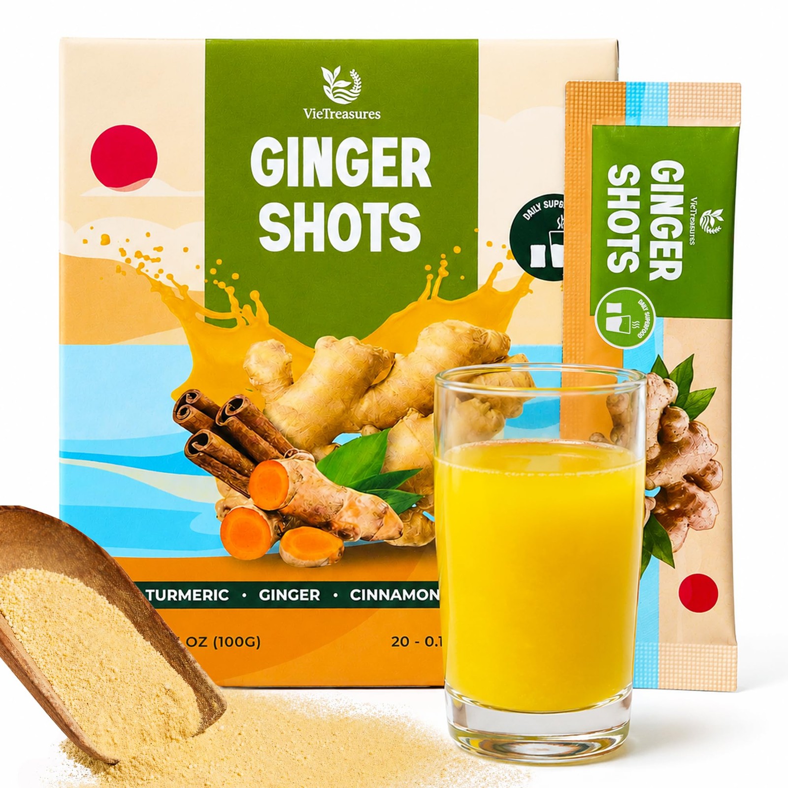 VieTreasures Ginger Shots Powder – Daily Wellness Drink Mix with Pack of 20