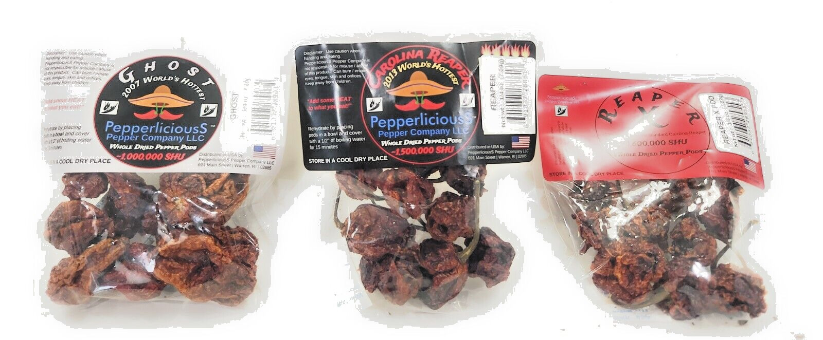 3/4 oz Ghost/Carolina Reaper/ReaperX VarietyPk Worlds Hottest Dried Pepper Pods