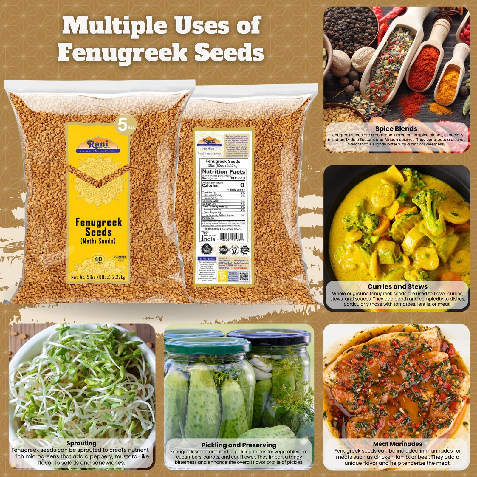 Rani Fenugreek (Methi) Seeds Whole, 80oz (5lbs) 2.27kg, Bulk