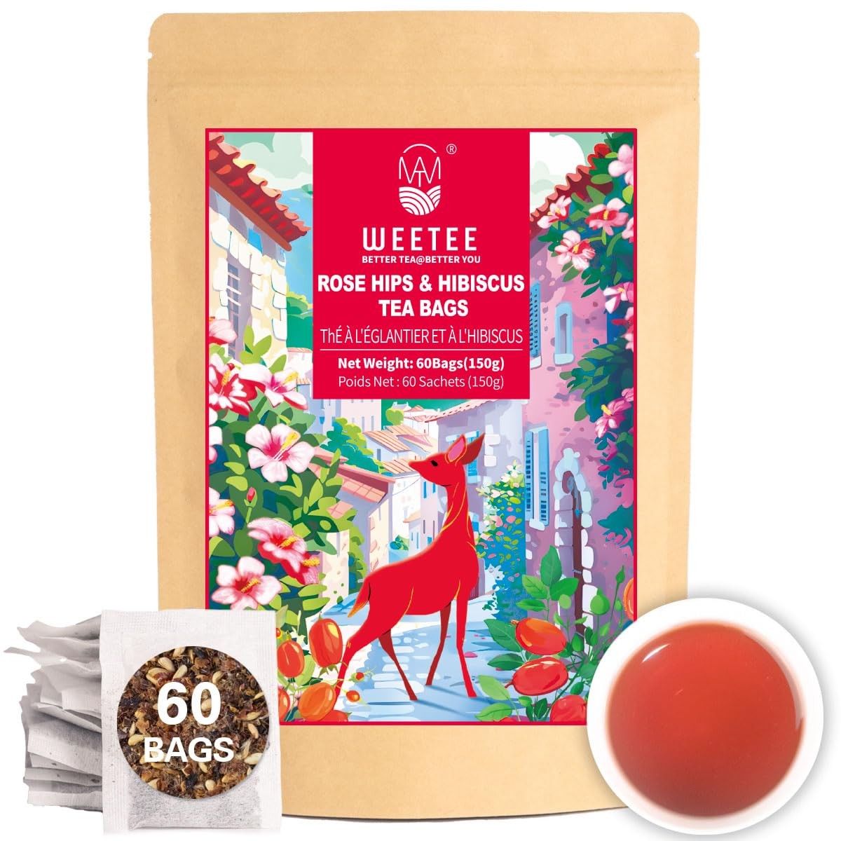 Rosehips Hibiscus Tea Bags, Made with Rosehip & Hibiscus Flowers, Natural Caf…