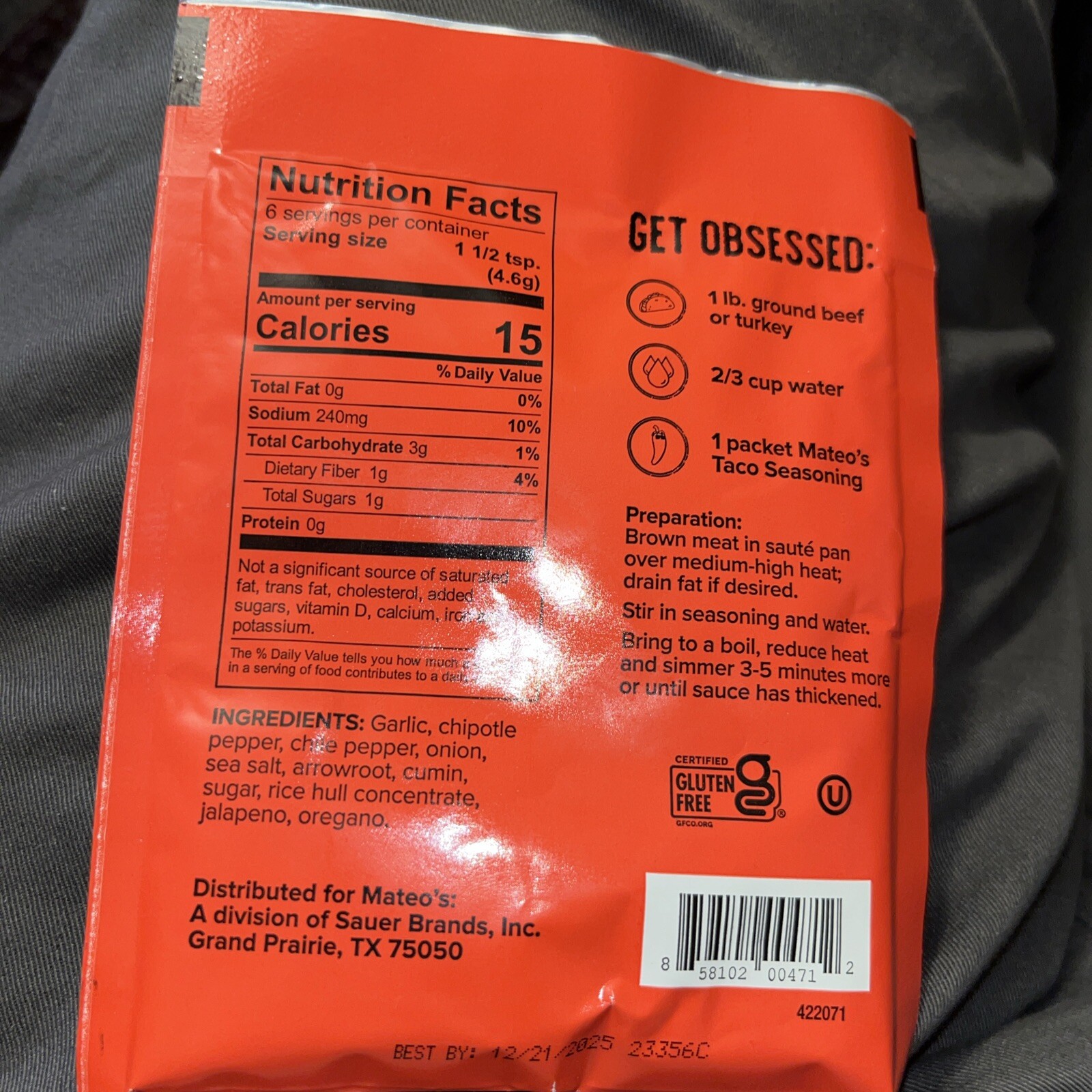 MATEOS TACO Seasoning Mix Hot Chipotle, No MSG, No Gluten
