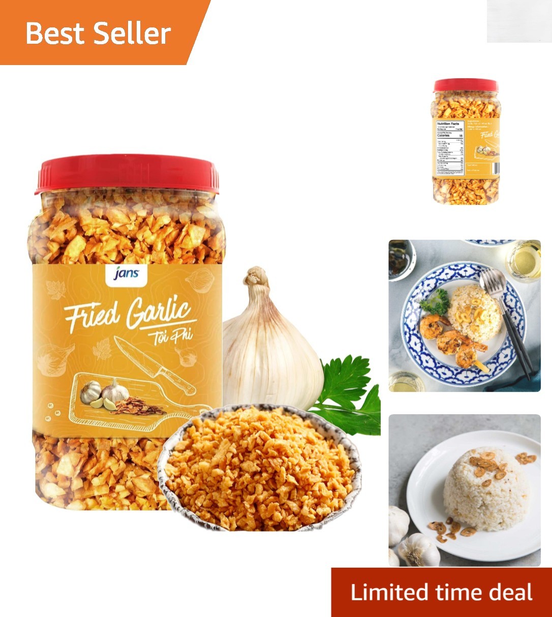 Jans Crispy Fried Garlic | Garnishing, Seasoning, Topping | Large 8 oz